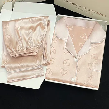 Hearts พิมพ์ผ้าไหมน้ําแข็งชุดลําลองซาตินผ้าไหมฤดูใบไม้ผลิและฤดูใบไม้ร่วงใหม่หัวใจชุดนอนผู้หญิงบางสวมใส่ชุดนอน Pj ชุด