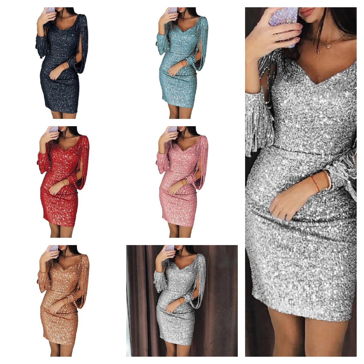 Evening Dresses for Women Elegant Long Sleeve Sequin Mini Dresses Sexy Ruched Bodycon Sparkly Glitter Cocktail Party Dresses