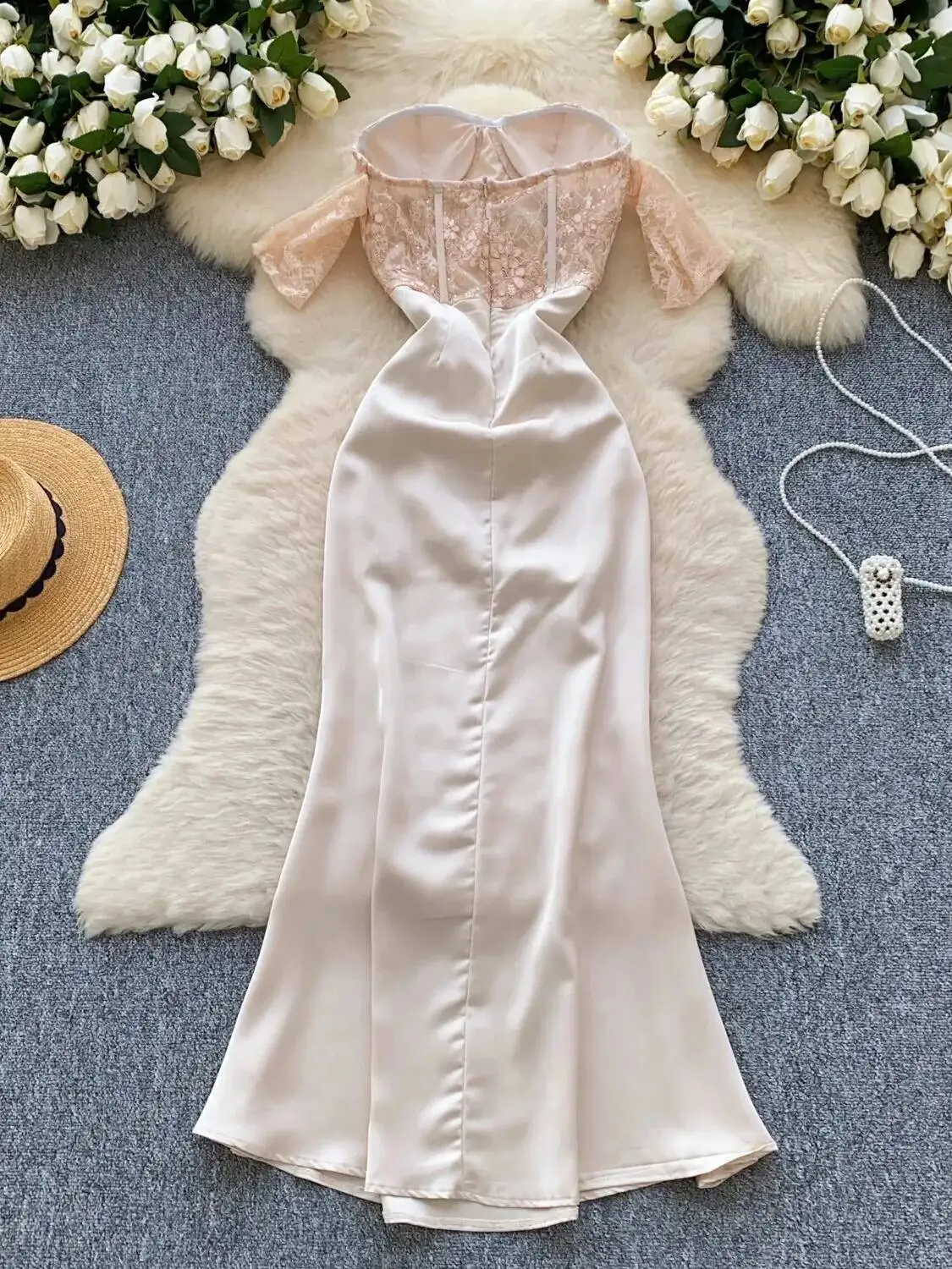 サテンパッチワークエレガントトランペットドレス女性用オフショルダーヴィンテージ服レディース誕生日パーティーシックなベスティドスボディコン