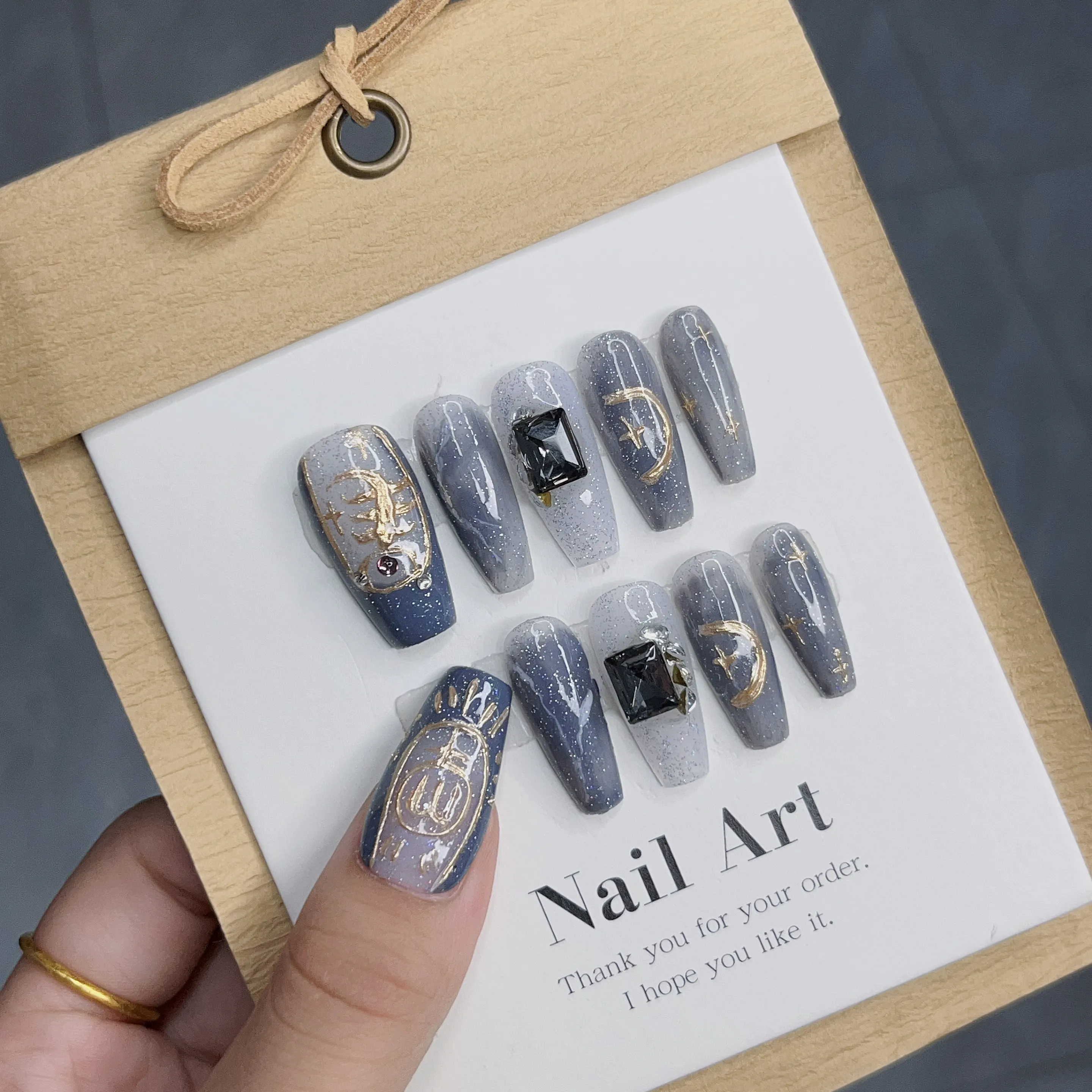 Emmabeauty Artisanal Press On Nails - Capricorn Zodiac Look, Dark Blue and Gold Color, High Quality and Fashionable No.EM24386