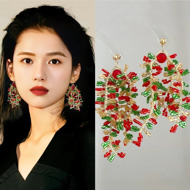 

Christmas Flower Long Tassel Earrings for Women Girls New Year Party Earring Bright Flame Crystal Beaded Festival Jewelry Gifts