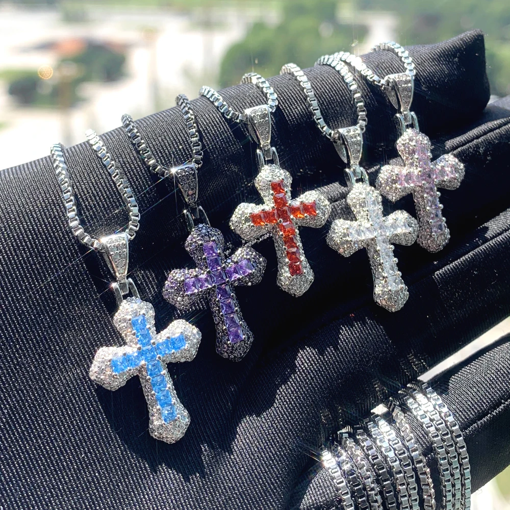 2025 New Arrived Fashion 5 Color Cute Mini Small Colorful CZ Cross Pendant Necklace Box Chain Hip Hop Men Women Gifts Jewelry