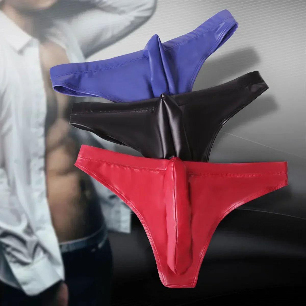 Latex Ammonia PU Small Triangle Leather Underwear Gun Egg Separation Men's Underwear JJ Set Underwear Sexy Triangle Pants