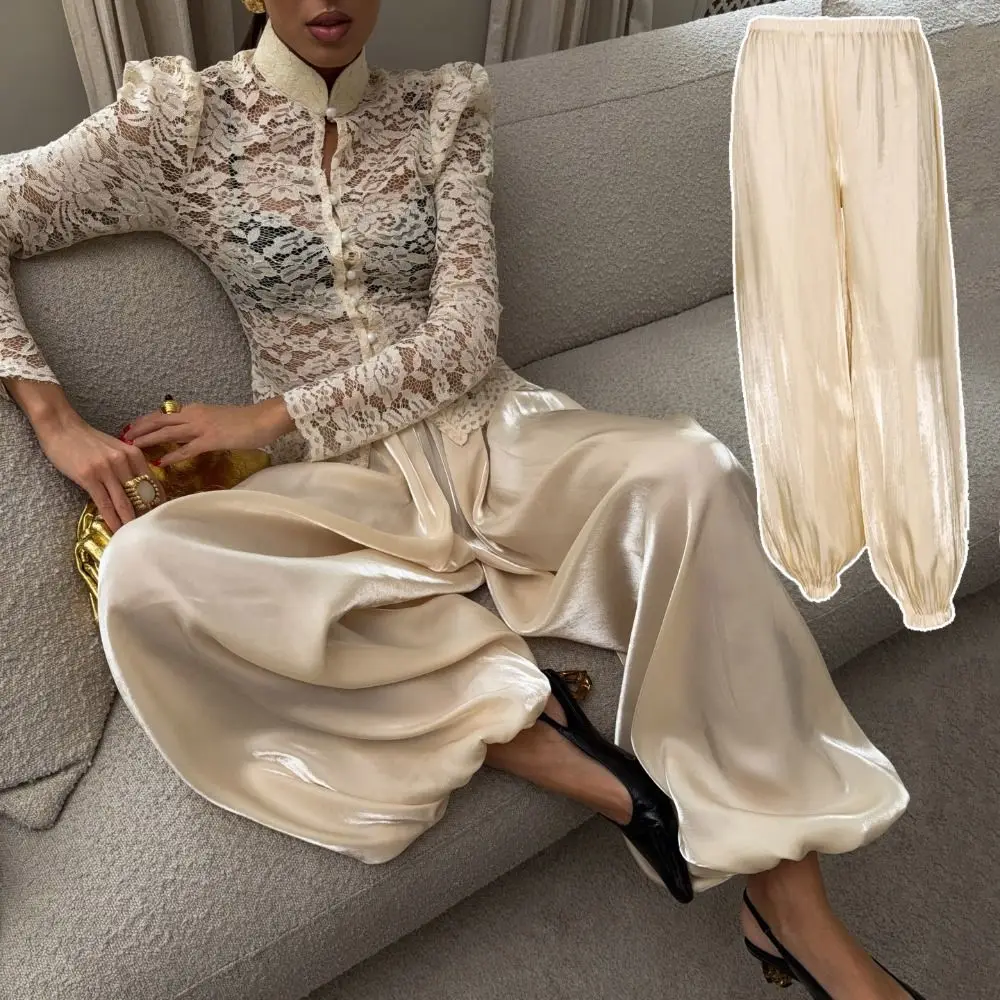 Modische, lockere Satin-Laternenhose mit hoher Taille, elegante Crêpe-Loose-Bloomers, elastische, lange, lockere Knöchelhose für Damen
