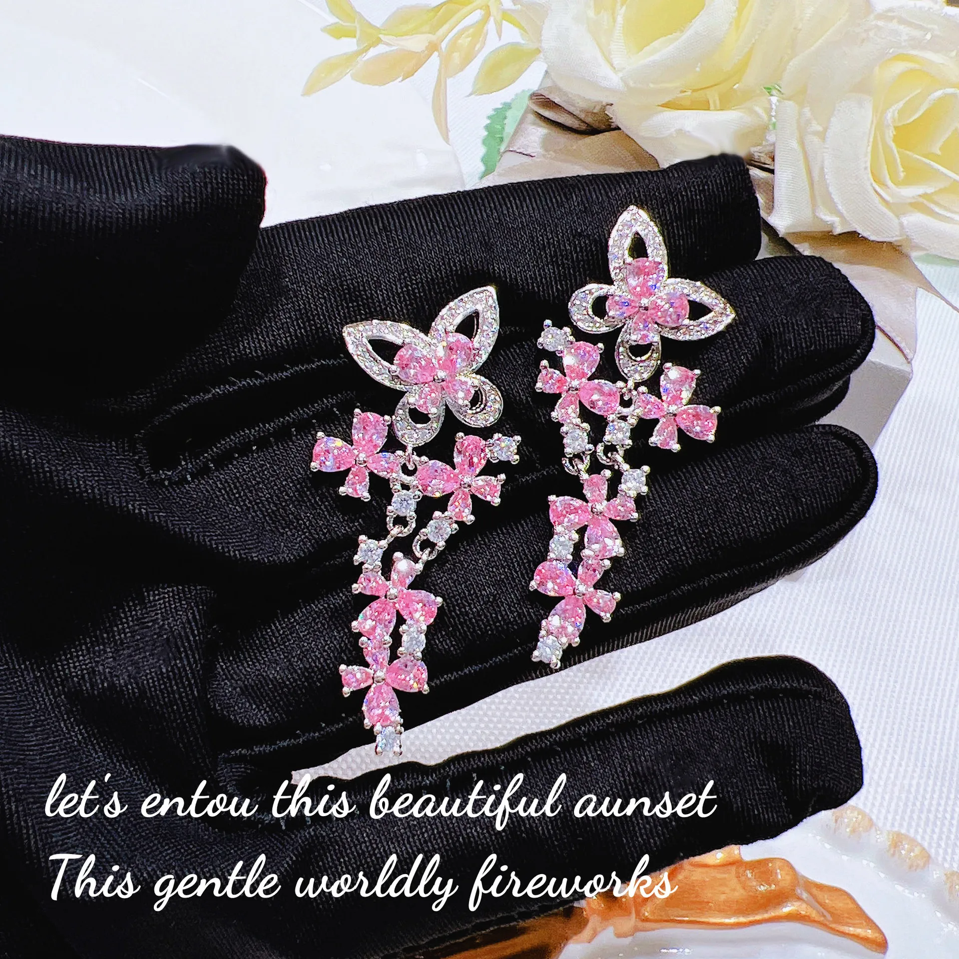 Foydjew Secret Garden Series Luxury Exquisite Butterfly Earrings For Women Design Pink Zircon Banquet Party Long Dangle Earring