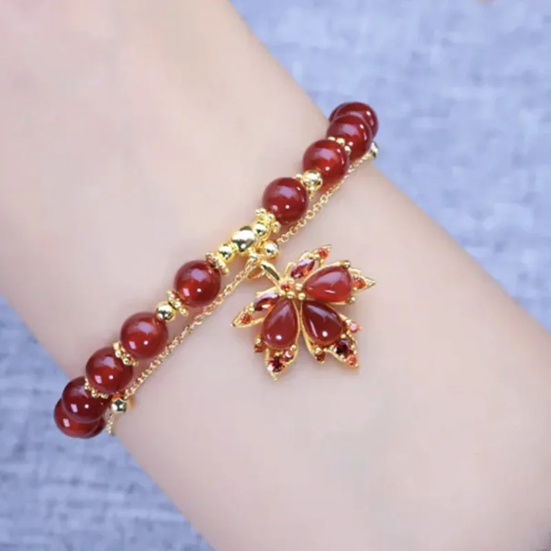 Retro Red Crystal Beaded Bracelet for Women Light Luxury Rhinestones Maple Leaf Pendant Bracelet Student Friendship Jewelry Gift