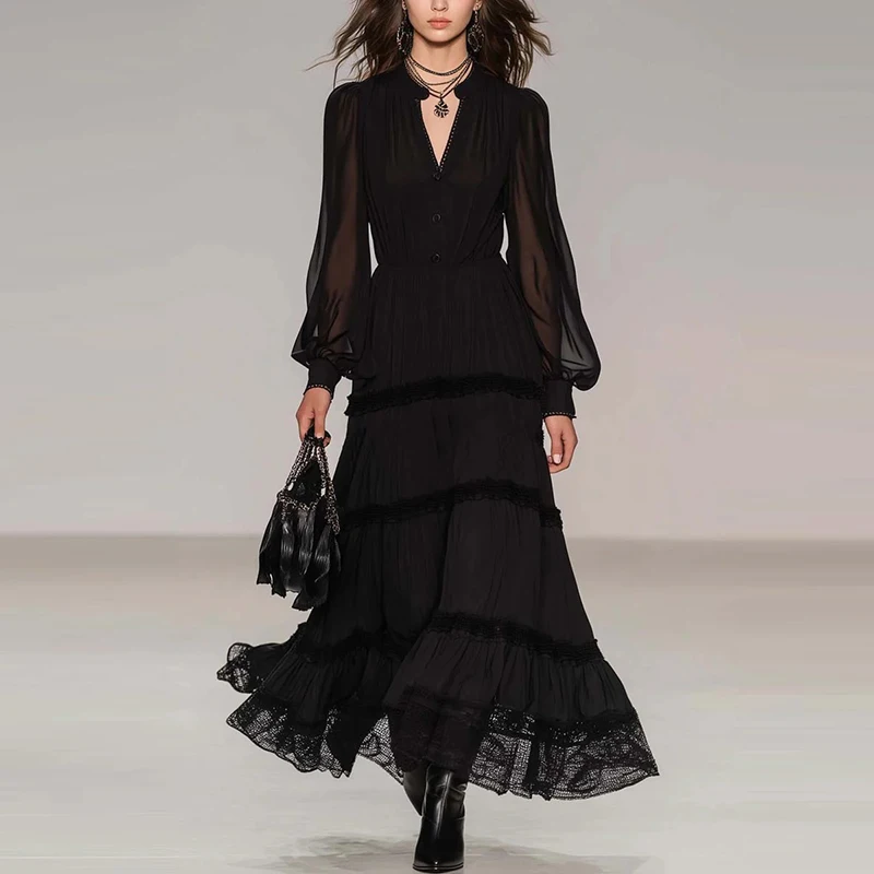 

Повседневное шифоновое платье макси с V-образным вырезом и длинными рукавами, однотонное, с высокой талией, плиссированное, весна-лето, новинка, элегантное, для женщин