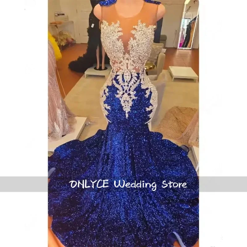 

Luxury Royal Blue Sequins Mermaid Prom Dress White Lace Crystal Beaded African Party Gowns Black Girls Customized