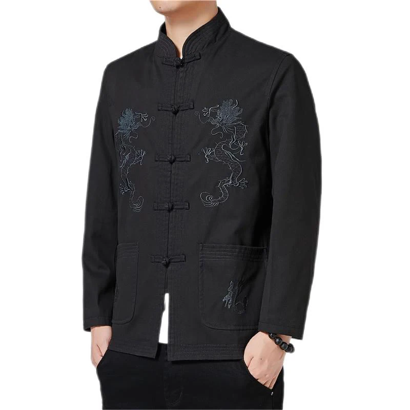 Mandarin Collar Men Two Dragons Embroidery Tang Jacket Frog Closures Single Breasted Vintage Mens Casual Coat