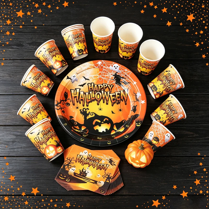 New Halloween Them Party Decorations Halloween Pumpkin Tableware Set Festival Paper Plate Napkin Towel Tissue Cup Supplies Setup