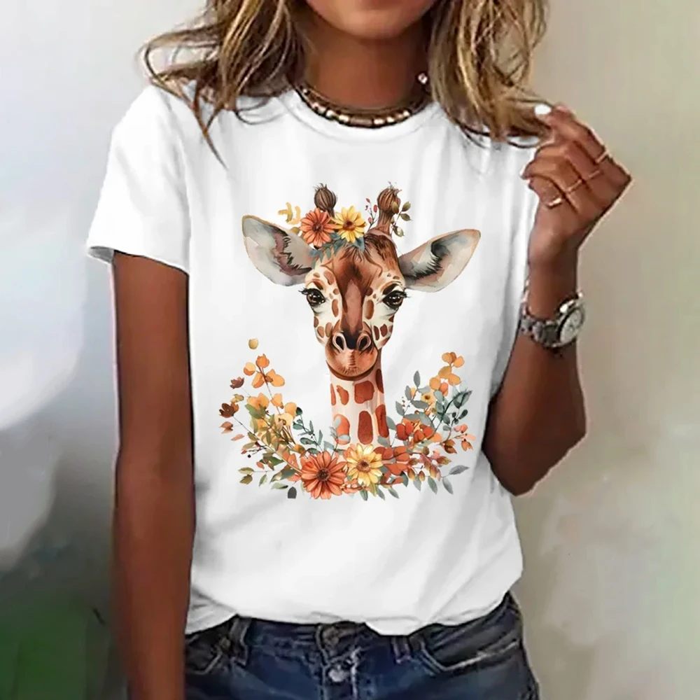 Giraffe Print Women's T-shirts Fashion Trend Street Short Sleeves Tees Summer Loose Tops Casual O-neck Women Clothing Pullover