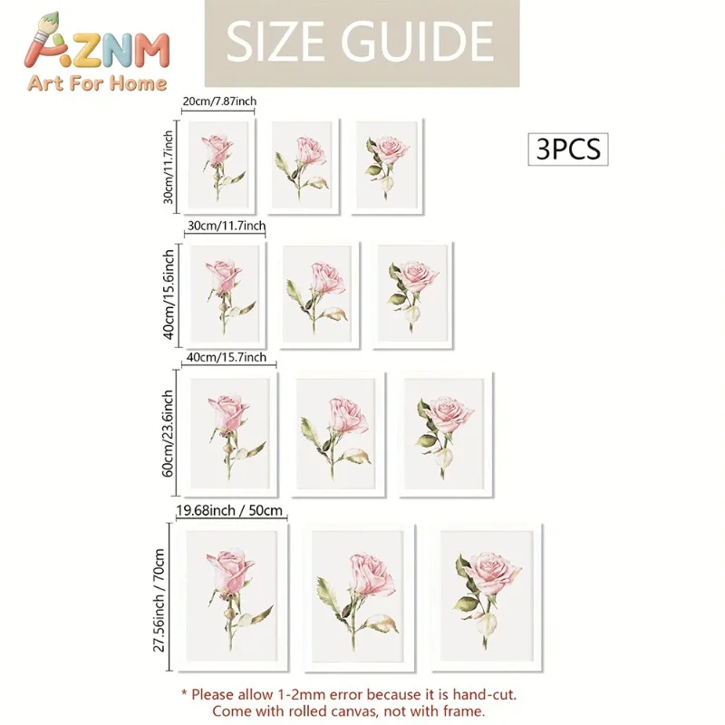 Unframed 3PCS Blush Pink Watercolor Rose Canvas Wall Art Floral with Green Leaf Print Poster Home Living Room Bedroom Decor