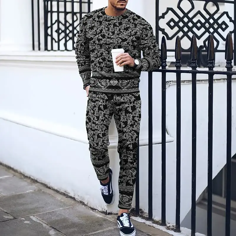 Autumn Fashion Soild Color Long Sleeve T Shirt Tracksuit Men Trousers Set Oversized Sweatpants 2 Piece Suit Sportwear 2PCS Sets