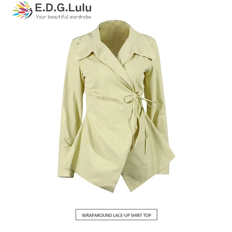 

EDGLuLu French Sweet Design Irregular Lace-Up Pink Shirt 2025 Autumn New Simple Solid Color Long Sleeves Blouse 0902