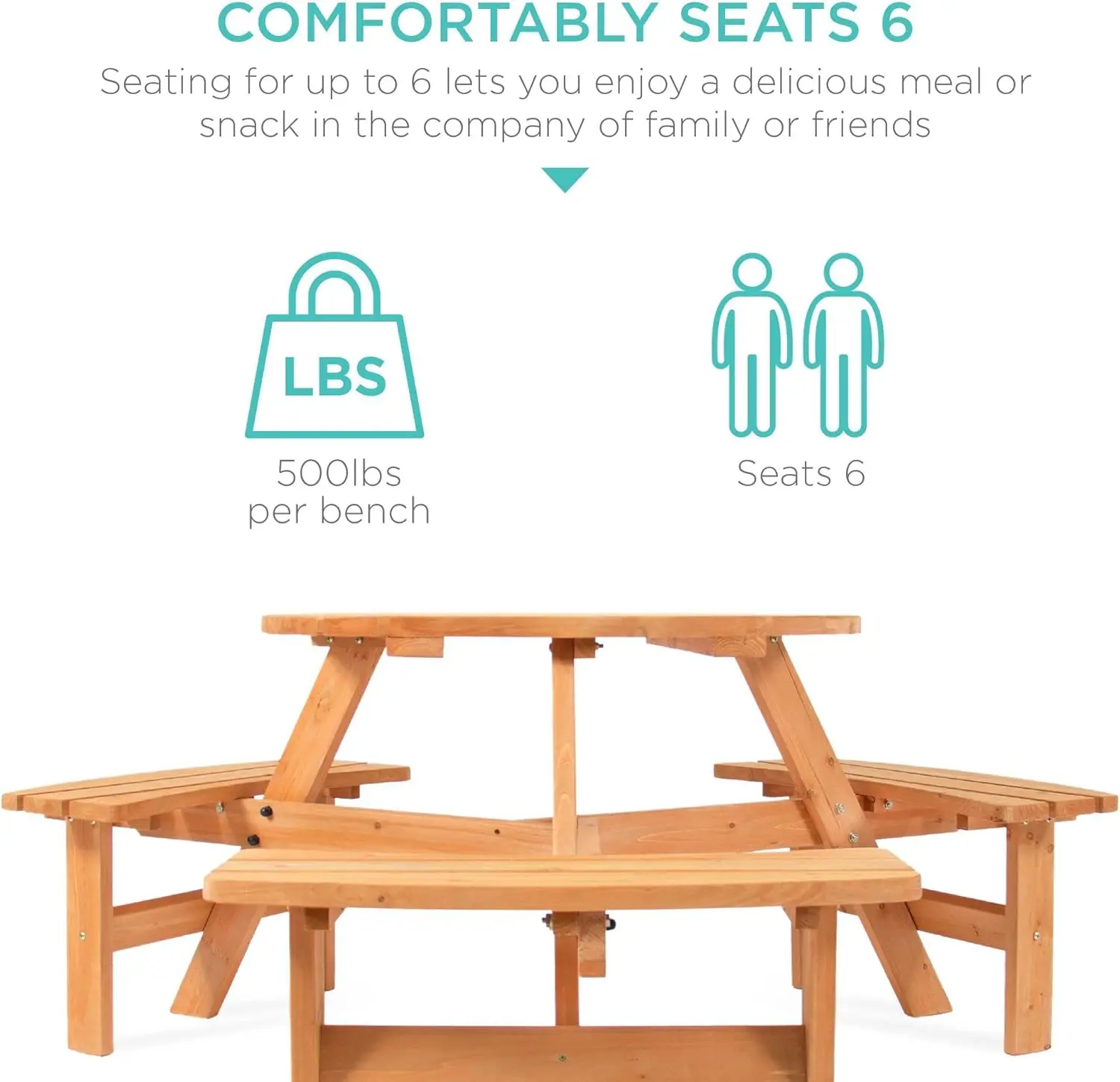 Table de pique-nique circulaire en bois pour l'extérieur, bricolage avec 3 bancs intégrés, capacité de 500lb, arrière-cour et jardin, naturel, 6 hypothèques