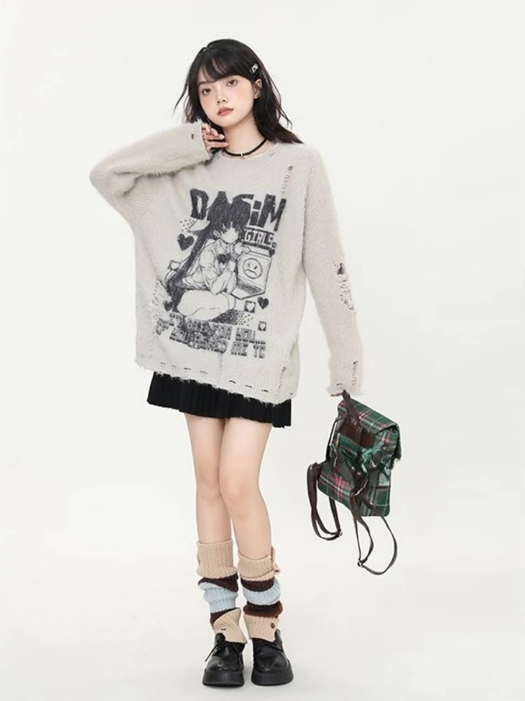 2000s American Vintage Casual Loose O Neck Long Sleeve Autumn Sweaters Y2k Harajuku Kawaii Print Anime Pullovers Subculture Chic