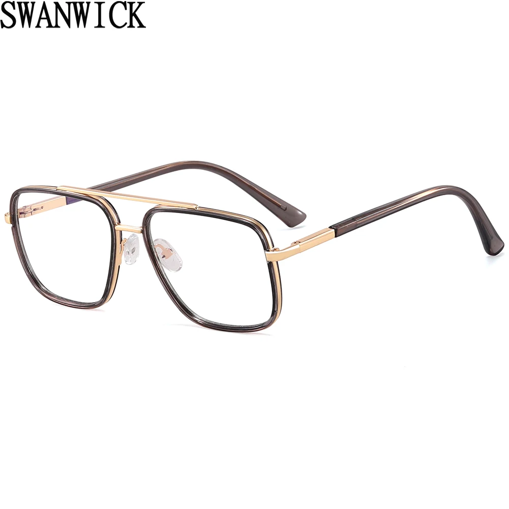 Swanwick fashion big glasses frame for men metal anti blue light glasses square vintage TR90 black brown male clear lens