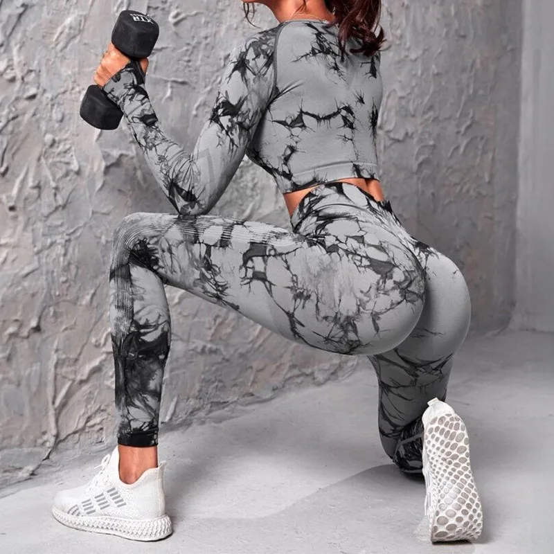 Tie Dyed Seamless Yoga Set  Long Sleeved Slim Crop Top & High Waist Hip Lift Yoga Pant Set Gym Fitness Sportswear Sets for Women