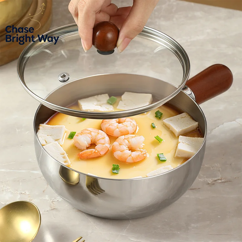 Stainless Steel Milk Pot With Wooden Handle, Compact Cooking Pot, Suitable For Frying Eggs And Heating Milk. Made Of Stainless S
