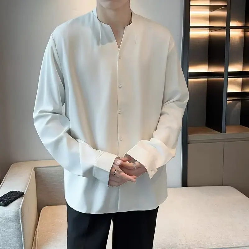 Spring and Summer Ascetic Solid Color V-neck Korean Shirt Men's Long Sleeves Loose Drapery Feel Handsome Internet Celebrity Hits