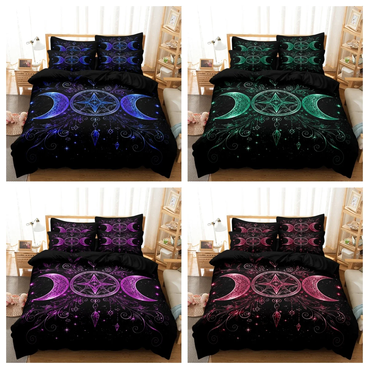 3pcs Set Gothic Crescent Pentagram Duvet Cover, Crystal Starry Floral Bedding,for Room Themed Hotel, Dorm Decoration