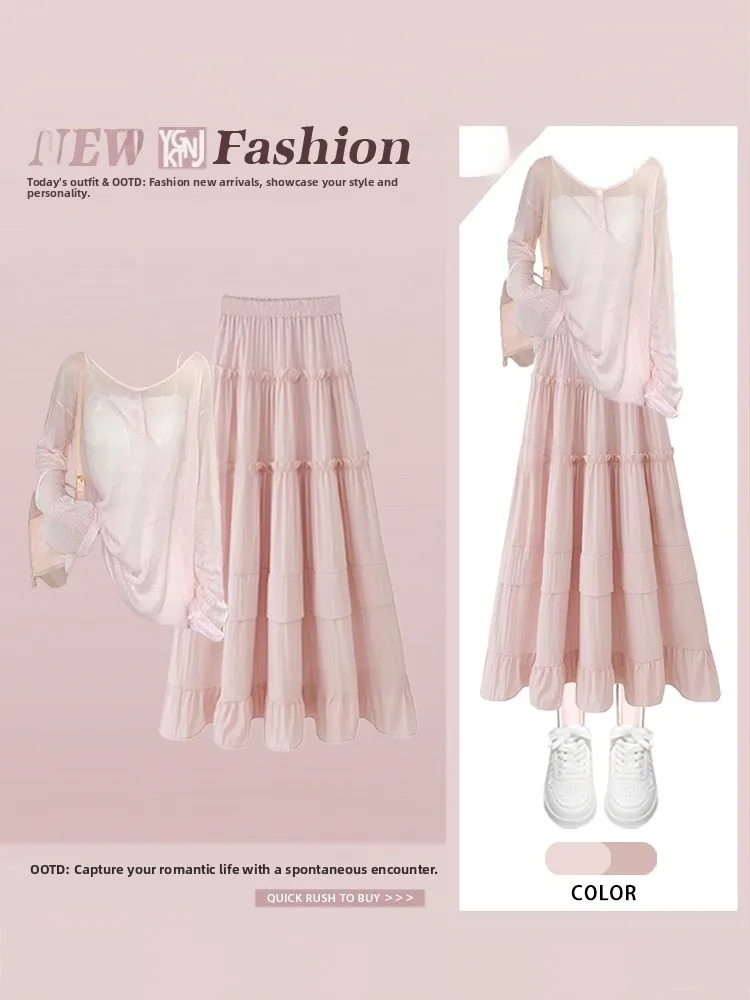

Sweet Gentle Autumnal Outfit Thin Long Sve Top with Lace Trim Splicing Skirt Casual Ele Sle Women's Faion Set