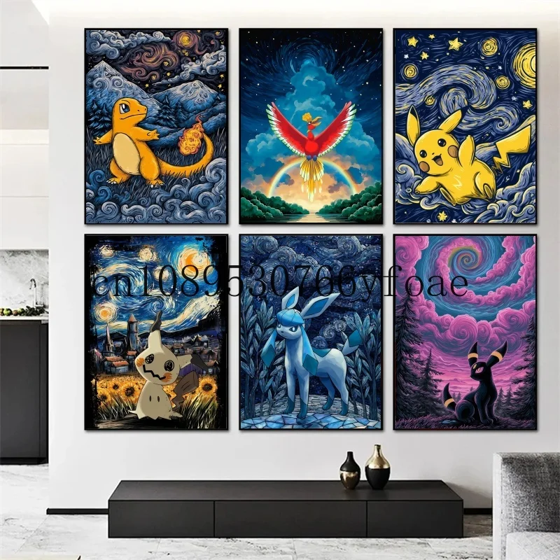 

Van Gogh Museum Pokemon Anime Figures Pikachu Watercolor Painting Canvas Posters and Prints Wall Art Picture Home Decor Gifts