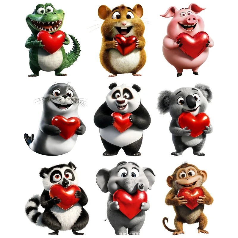 22cm Cute Animal Holding Love Heat Transfer Stickers Panda Elephant and Koala Children's T-shirt Printed Stickers Ironing Patch