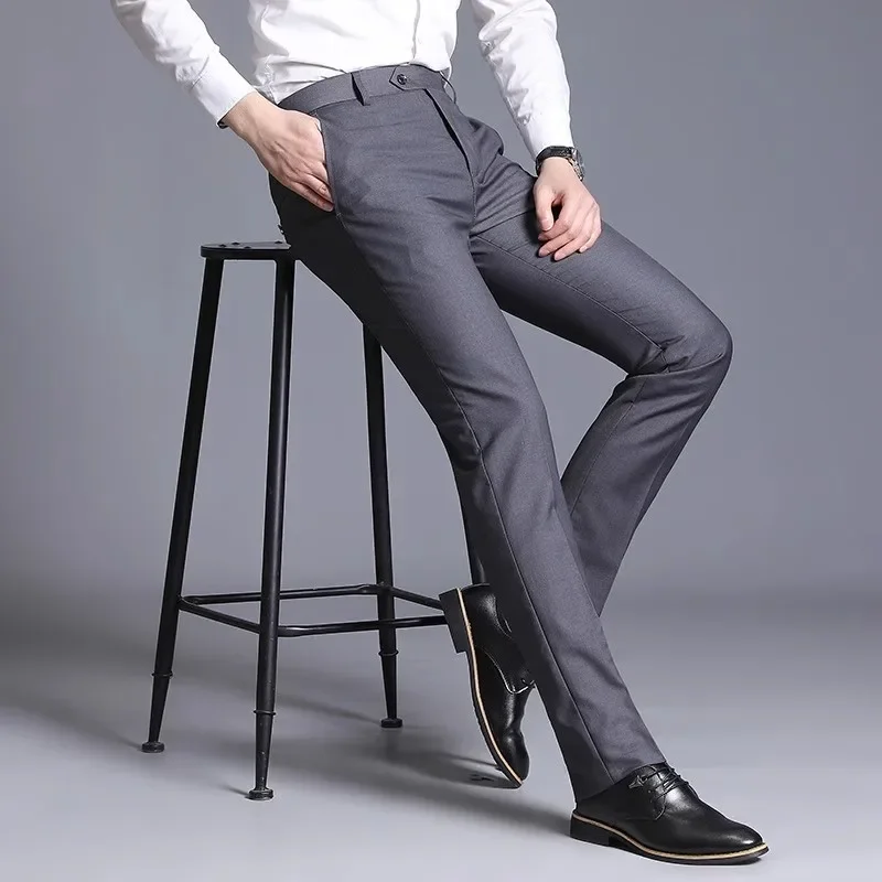 2024 Spring Men's Suit Pants Straight Tube Business Office Pants Men's Formal Solid Color Casual Slim Fit Suit Pants