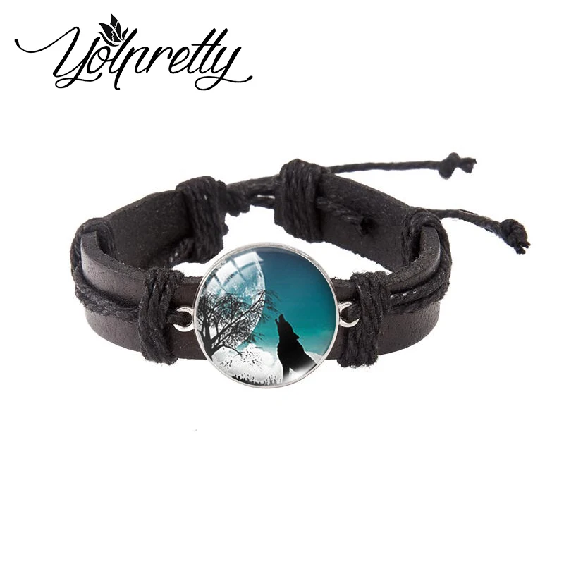 2023 New Fashion Wolf and Colorful Full Moon God Glass Dome Black Leather Bracelets Handcraft Jewelry for Men