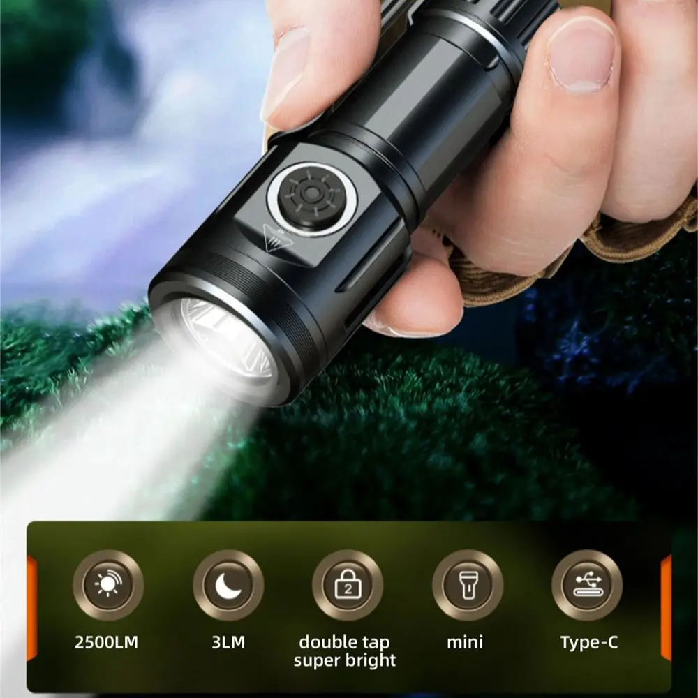 Powerful LED Flashlight EDC Strong Light Lamp Type-C Rechargeable Outdoor Mini Fixed Focus Small Flashlight Camping Light Torch