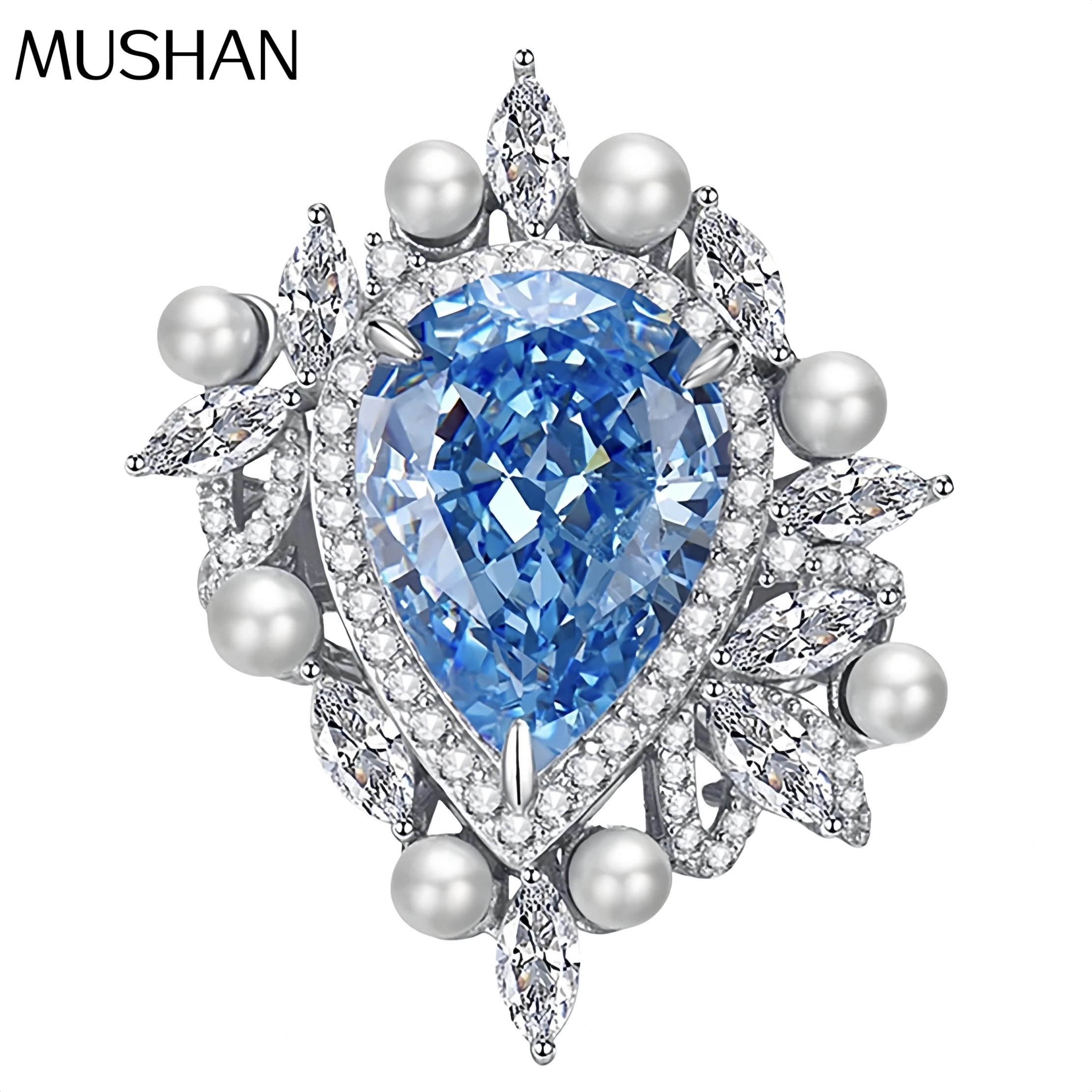 

MUSHAN Luxury Jewelry 925 Sterling Silver Rings Bands High Carbon Stones 11*15mm Aquamarine Water Drop Gemstones Ring Jewelry