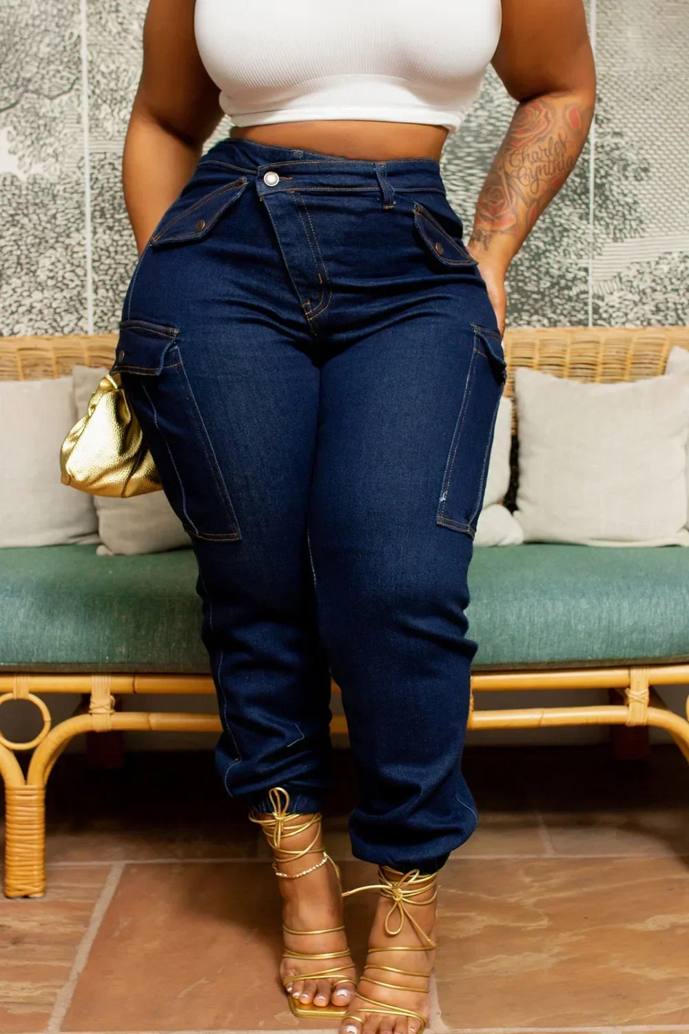 Jeans azul retrô de cintura alta para mulheres, cintura assimétrica com bolso, calça lápis, skinny, streetwear versátil, plus size