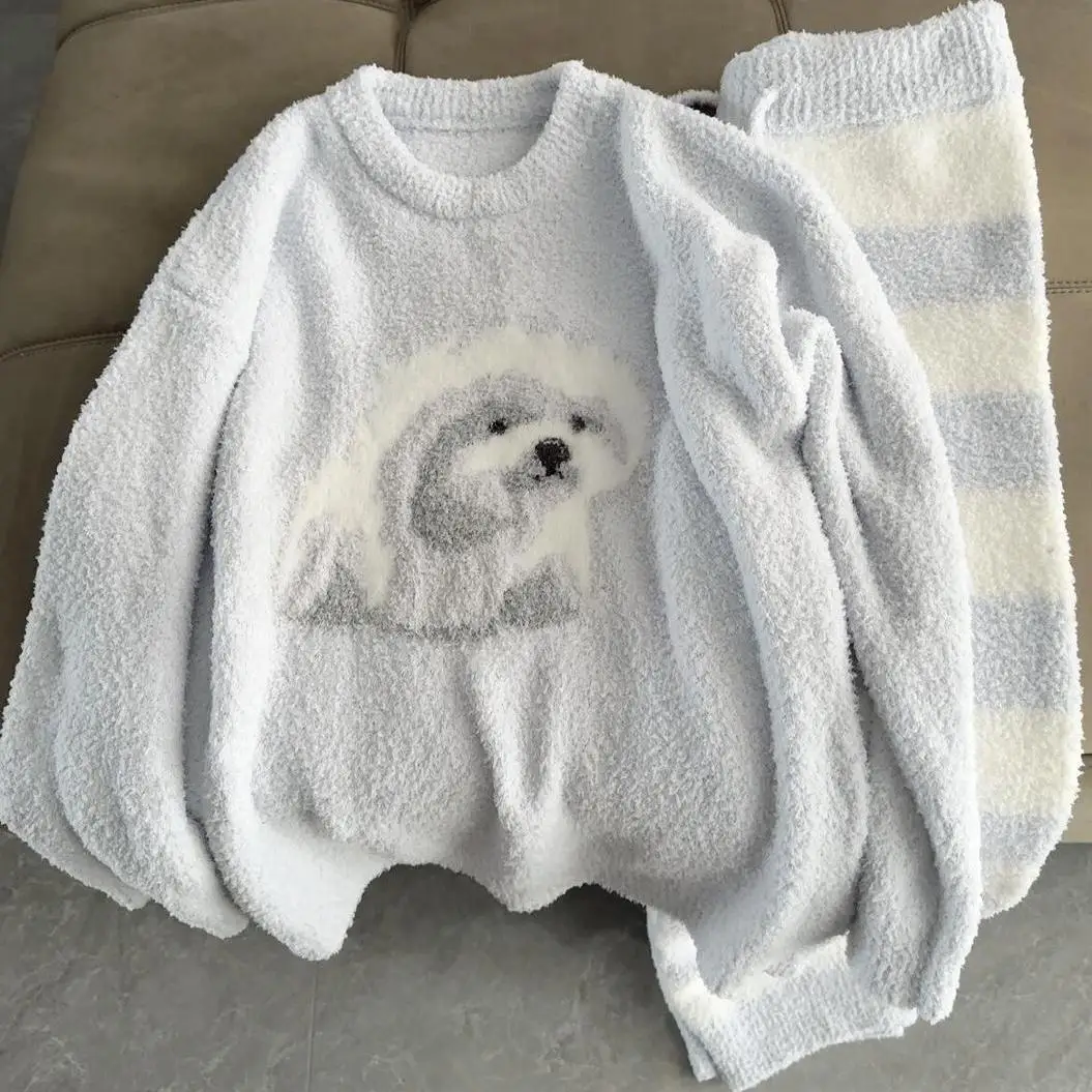 

Kawaii пижамный комплект с рисунком собаки, женский зимний толстый теплый пижамный комплект из кораллового флиса, мягкий плюшевый пуловер, одежда для дома, домашняя одежда 2026