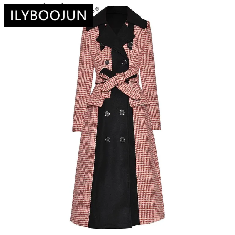 

Double Breasted Plaid Tweed Coat For Women Long Sleeves Lace-up Contrast Patchwork Vintage Outerwear Female New High Quality