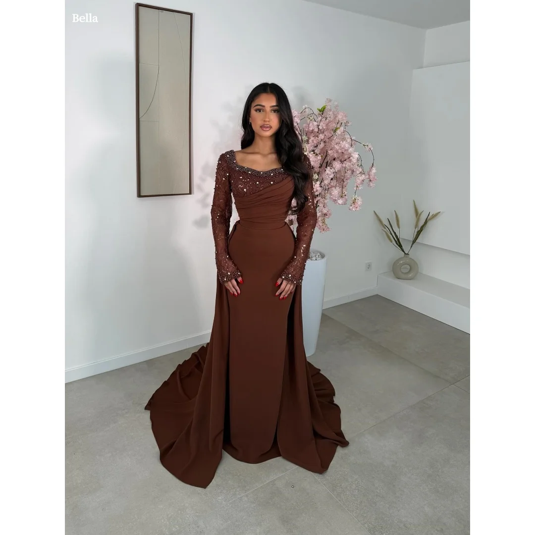 

Bella Customized Chocolate Prom Dress with Beaded Sheer Long Sleeves and Draped Train robes de soirée Party Dresses for Women