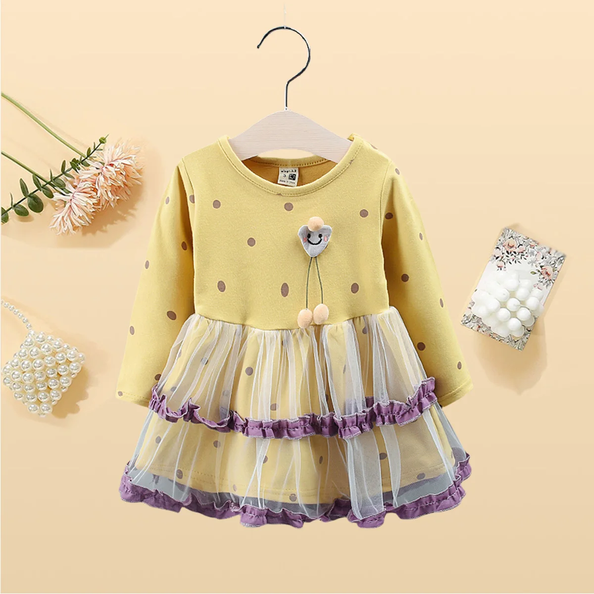 Girls\' Dress Spring Children\'s Clothing New Style Skirt Lace Mesh Skirt Cute And Sweet Polka Dot Long Sleeved Children\'s Skirt