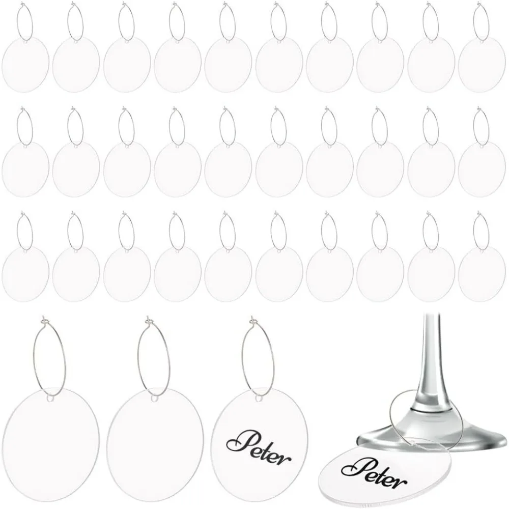 40 Pcs Wine Glass Charms Markers Tags Clear Wine Charms for Stem Glasses Acrylic Flat Round Wine Charms with Iron Hoop