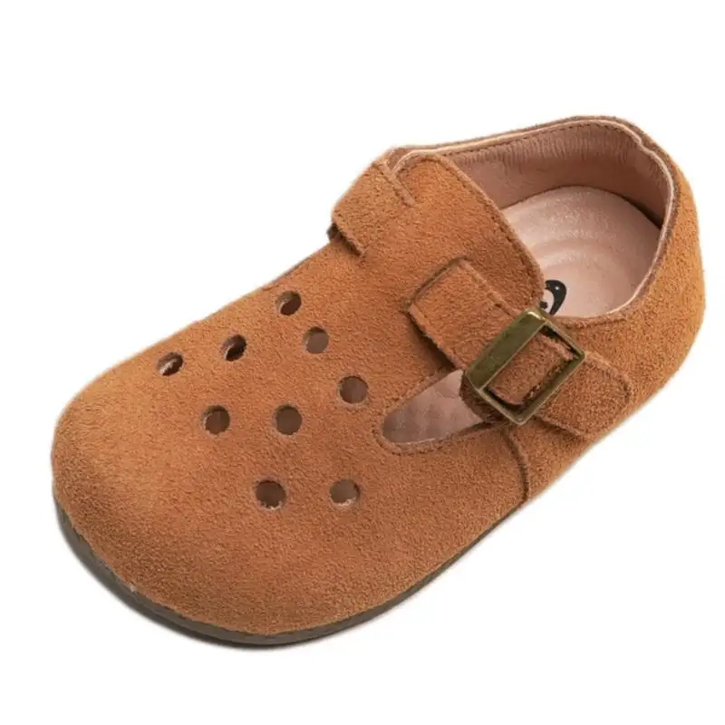 Brand Hollow Girls Dress Shoes Simple Soft Toddler Little Kid Strap Genuine Leather Wide Toe Flats Todder Boys Solid Suede Shoe