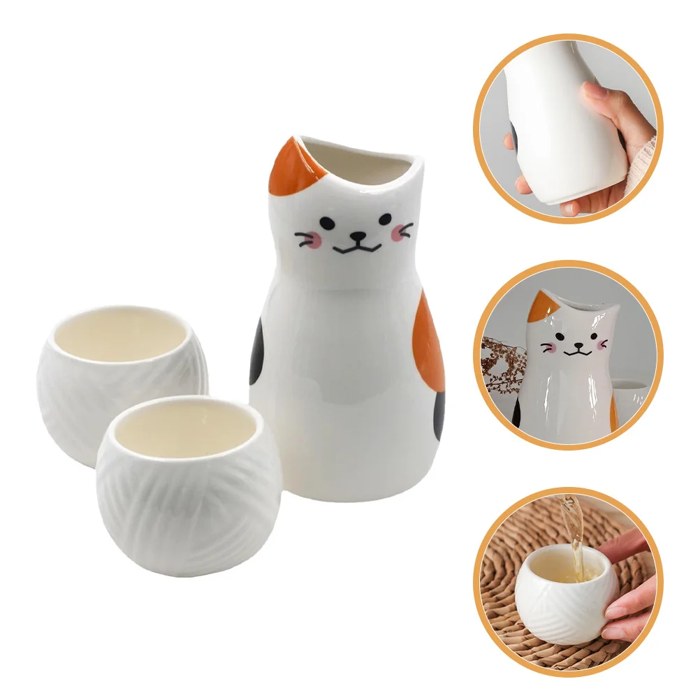 

1Set Ceramic Sake Cup and Pot Japanese Style Luck Cat Design Leakproof Wine Pot Classic Table Decoration Premium Gift