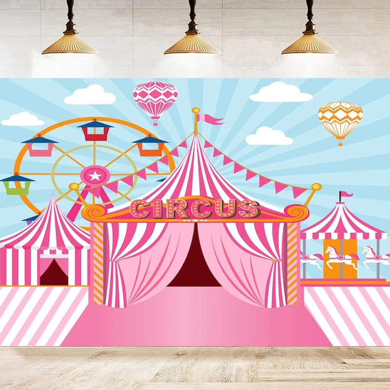 Dessert Table Backdrop - สีชมพูละครสัตว์การถ่ายภาพฉากหลังเต็นท์ม้าหมุนพื้นหลังสาววันเกิดปาร์ตี้ขนมเค้กตกแต่งโต๊ะเบรนเนอร์อาบน้ำเด็ก