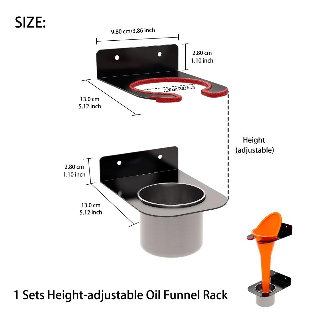 

Oil Funnel Storage Rack with 1 Detachable Drip Cup Wall-Mounted with Adjustable Height Suitable for Garage Trailer Tool Shed