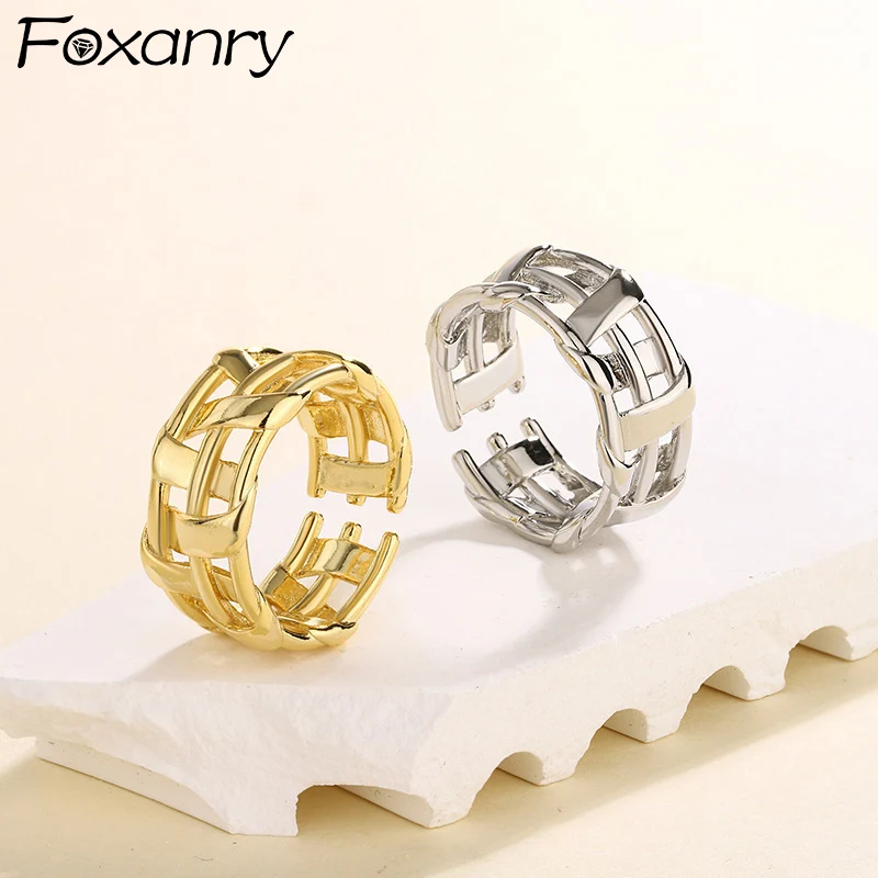 Foxanry Silver Color Hollow Weave Geometric Rings For Women Couples Minimalist Classic Fashion Personality Daily Party Jewelry