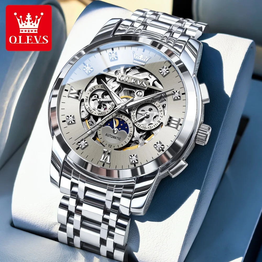 

OLEVS 6721 Luxury Hollow Men Watch Brand Original Moon Phase Waterproof Watch Fashion Grey Men Fully Automatic Mechanical Watch