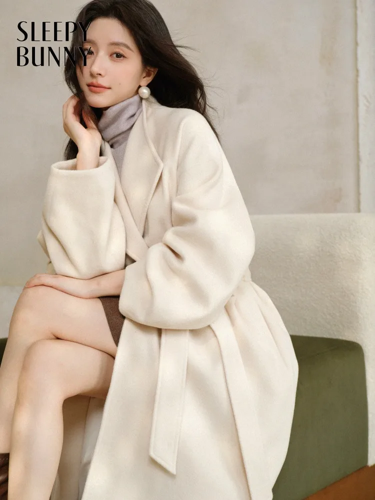 

Wool Coat for Women Lady Elegant Lapel Long Overcoat Warm Belted Design Slim Winter Outerwear Chic Soft Jacket Daily Outfit