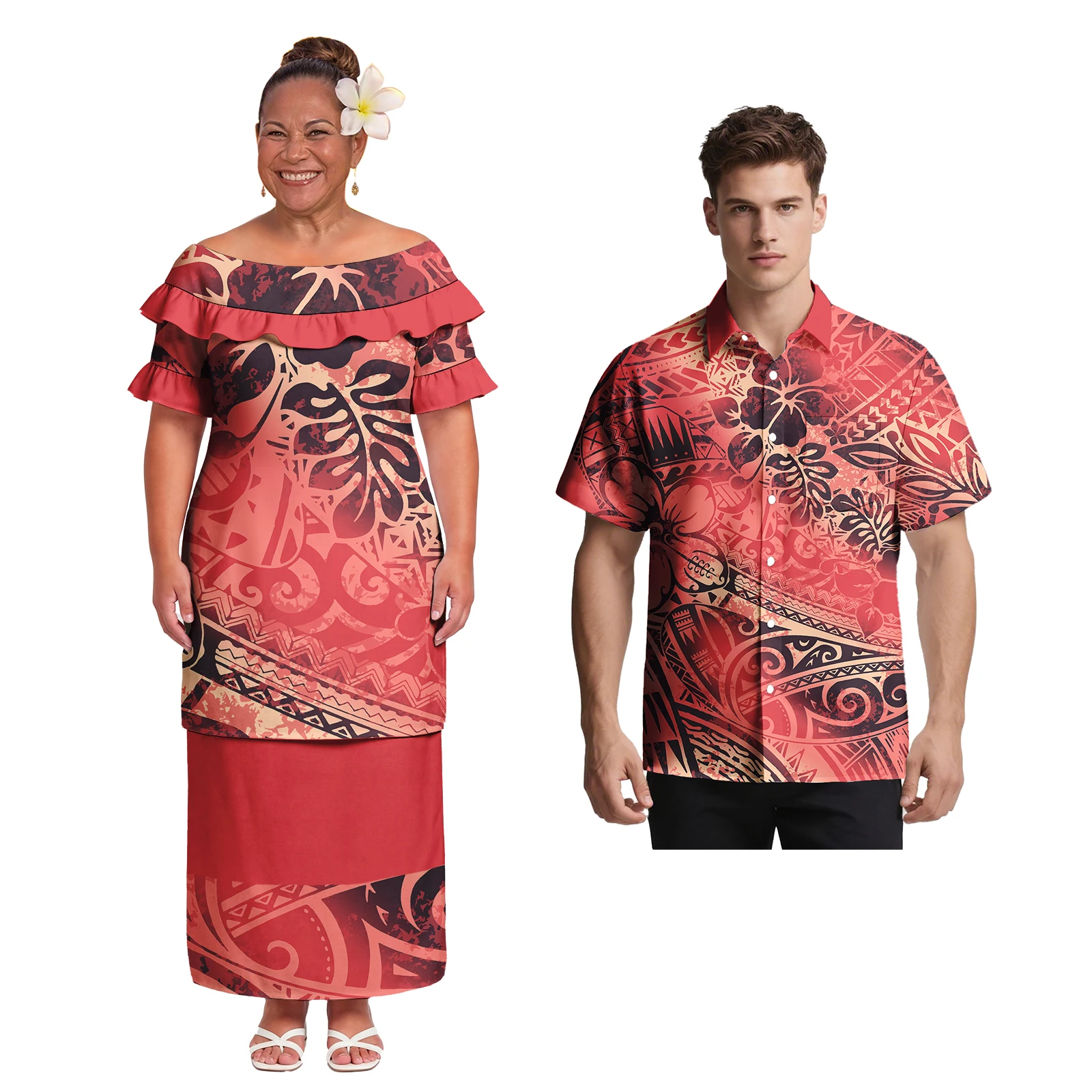 Hawaiian Men's Fashion Casual Shirts Samoan Women Church Puletasi Dress Polynesian Tribal Style Print Matching Couple Outfits