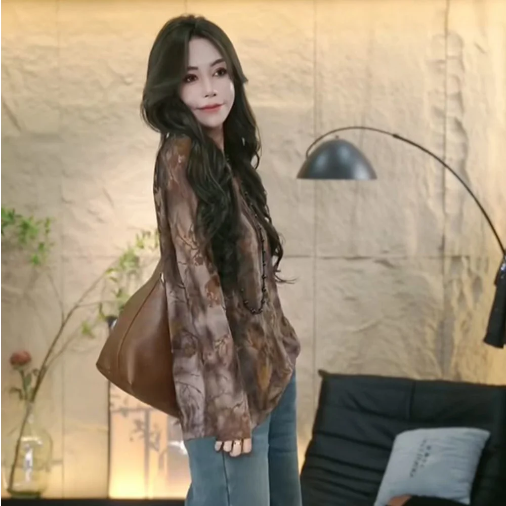 تي شيرت بأكمام طويلة للمراهقين والنساء بحاشية بتلات ربيعية وخصر برباط وطيات بسيطة وطبقات منعشة وبسيطة ونظيفة حضرية #2