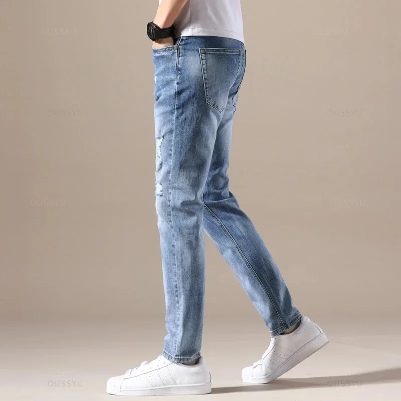 OUSSYU Brand Men Jeans Slim Fit Skinny Denim Jeans Designer Elastic Ripped Hole Pants Blue Stretch Trousers for Men 28-40