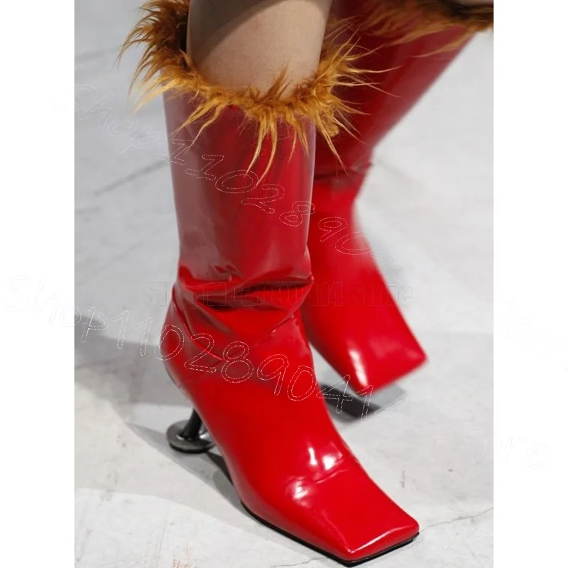 

Brown Fur Red Square Toe Strange Style Heels Boots Slip On Women Shoes Novel Party Feast Dating Runway 2024 Zapatos Para Mujere