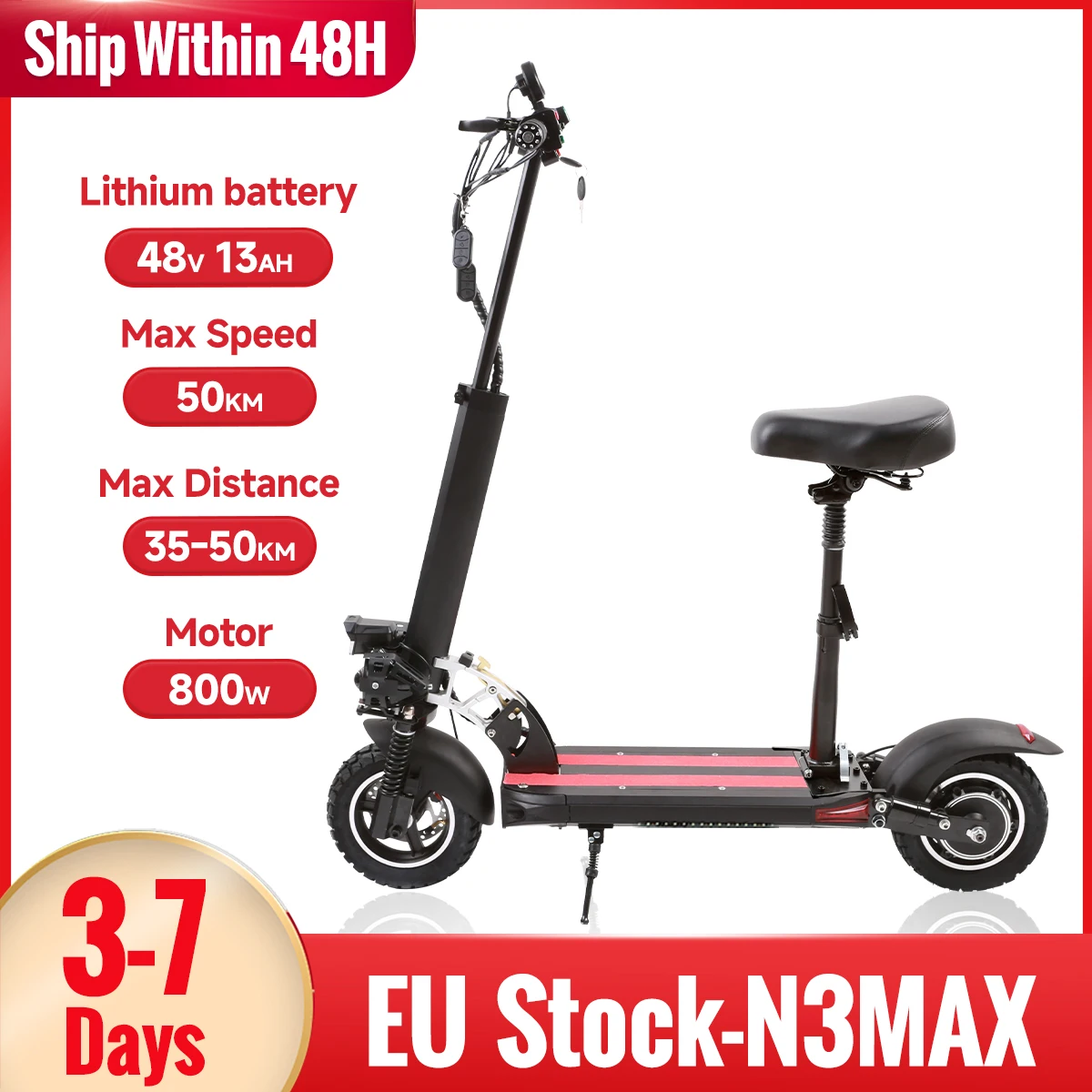 Powerful Electric Scooter 48v 800W 1000w 10 Inch Anti-skid Off Road Tire Kick Scooter 45KM/H e Scooter 60km Long Range Adult